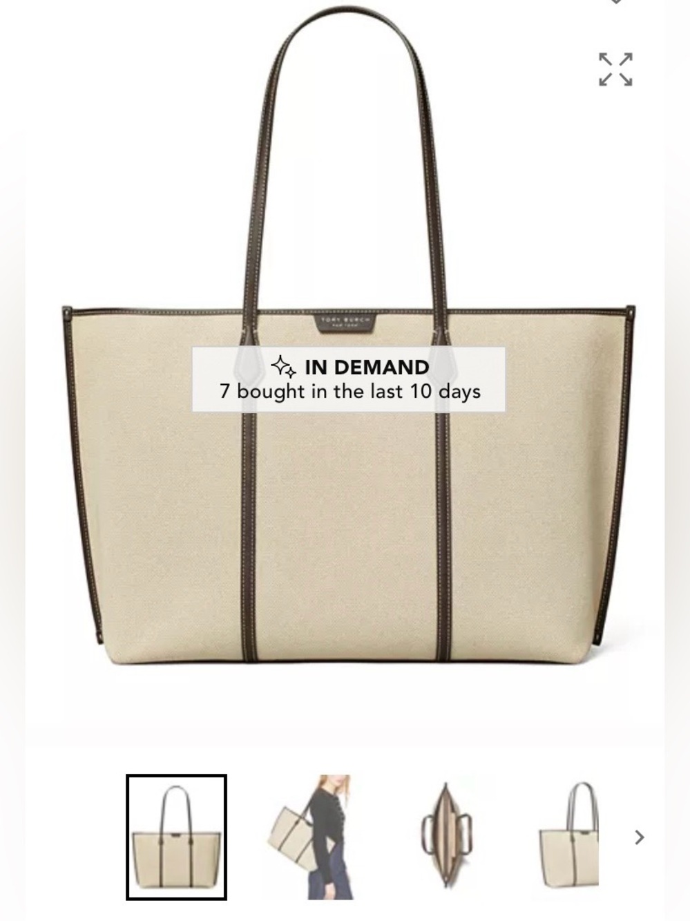 Tory Burch Perry Cream Canvas Tote with Dark Brown Trim